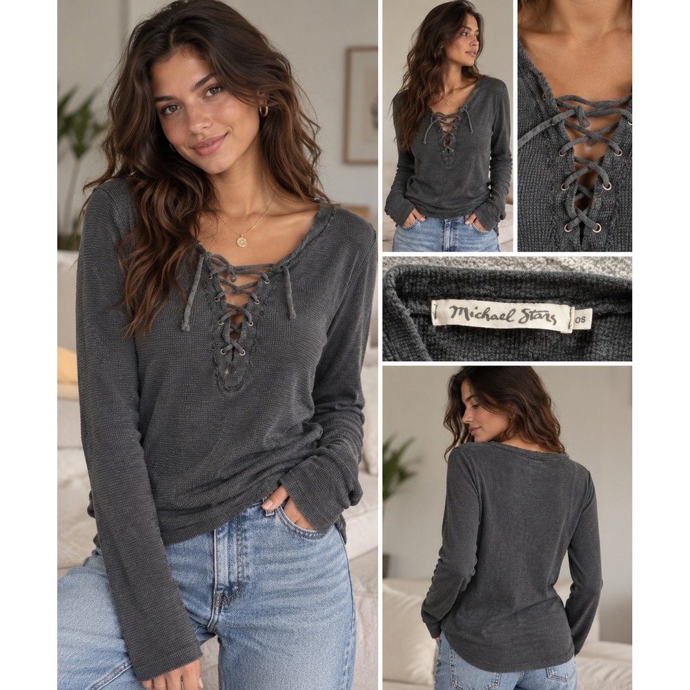 Michael Stars Gray Waffle Knit Lace Up Thermal Top Style 1445 OS